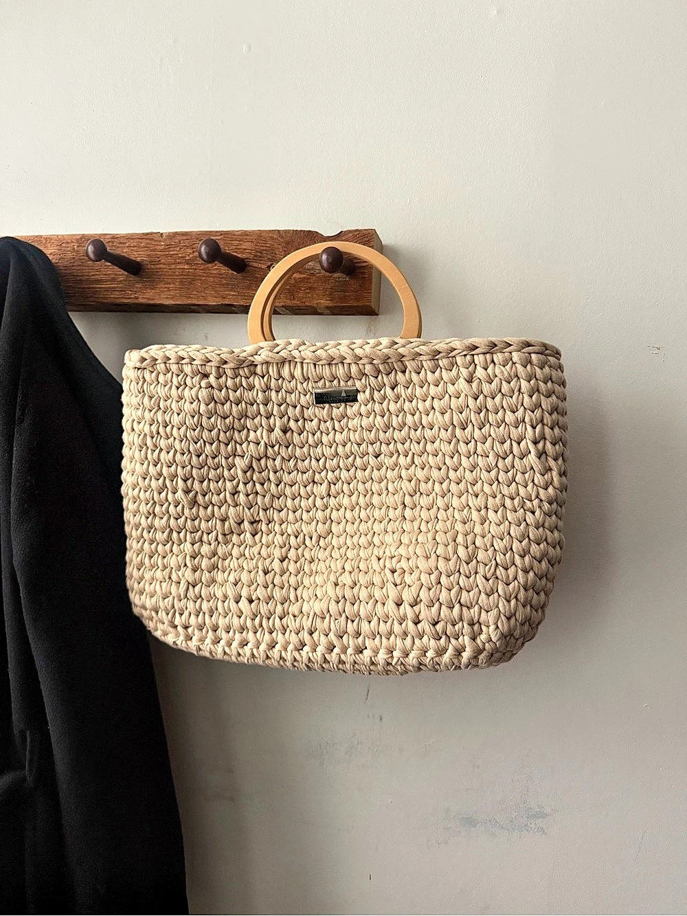 Florio Design Studio Handmade Crochet Knit Tote Bag Wood Handles